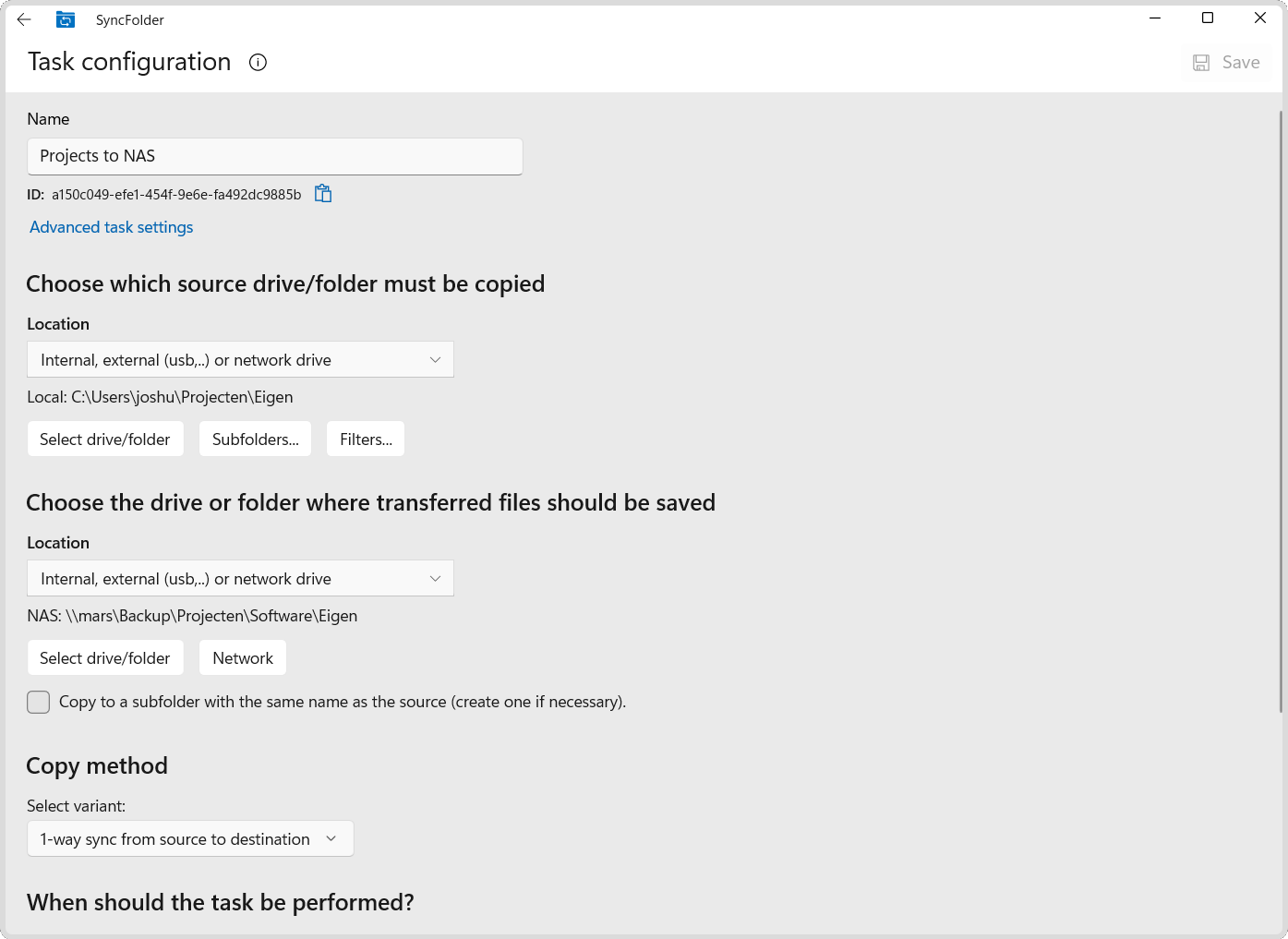 Screenshot of a SyncFolder task configuration