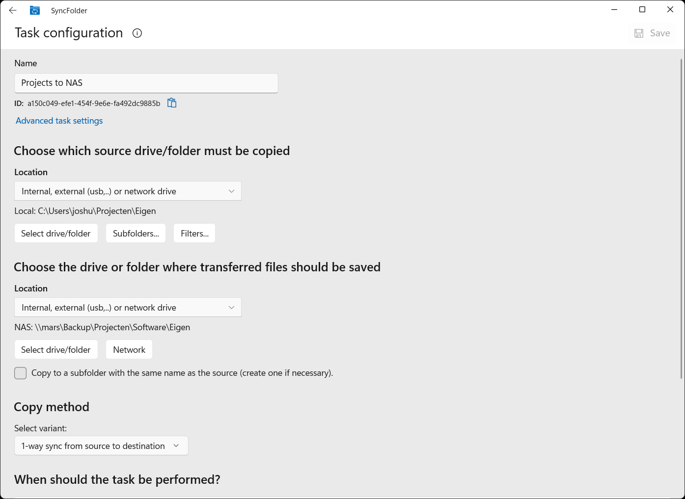 Screenshot of a SyncFolder task configuration
