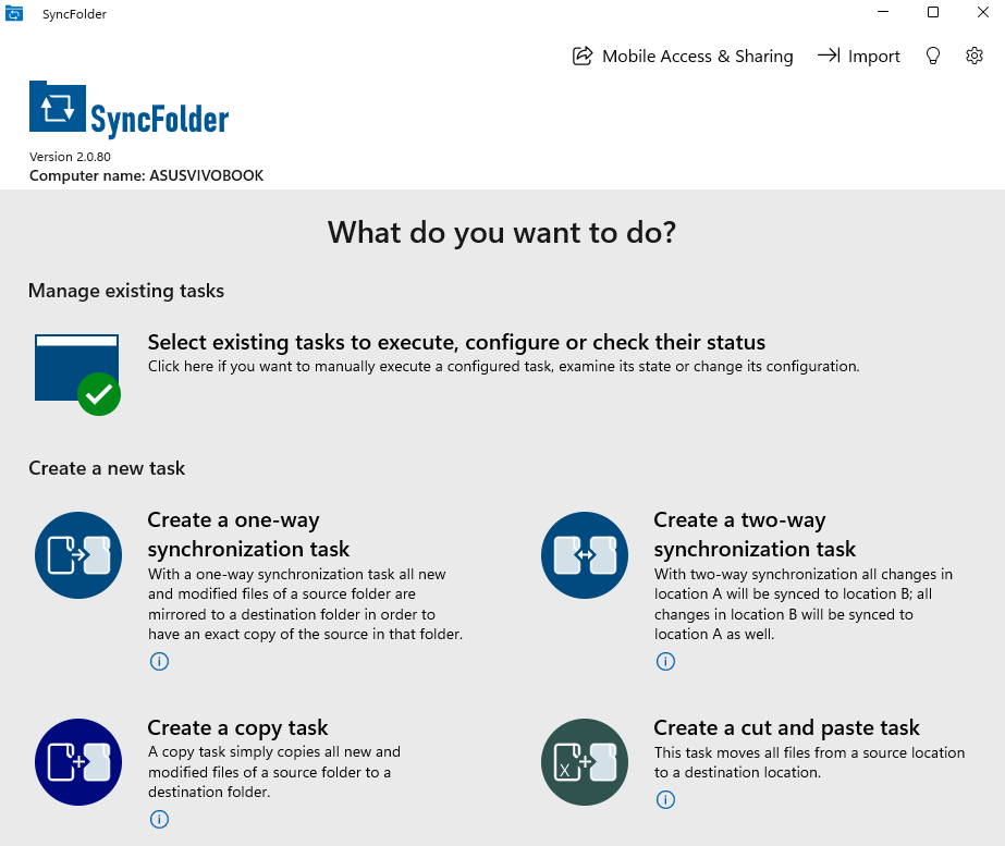 The 'What do you want to do?' Home page