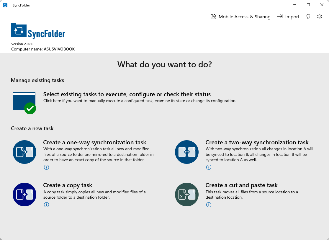 Screenshot of the SyncFolder task overview