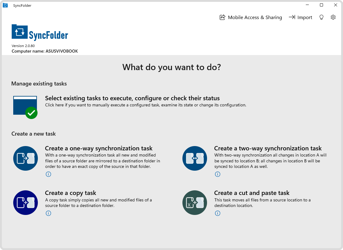 Screenshot of the SyncFolder task overview